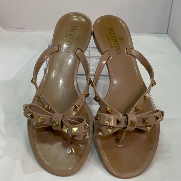 Valentino Garavani Rockstud Bow Jelly Thong Flip Flop Sandals Nude Beige 39 - Picture 4 of 15